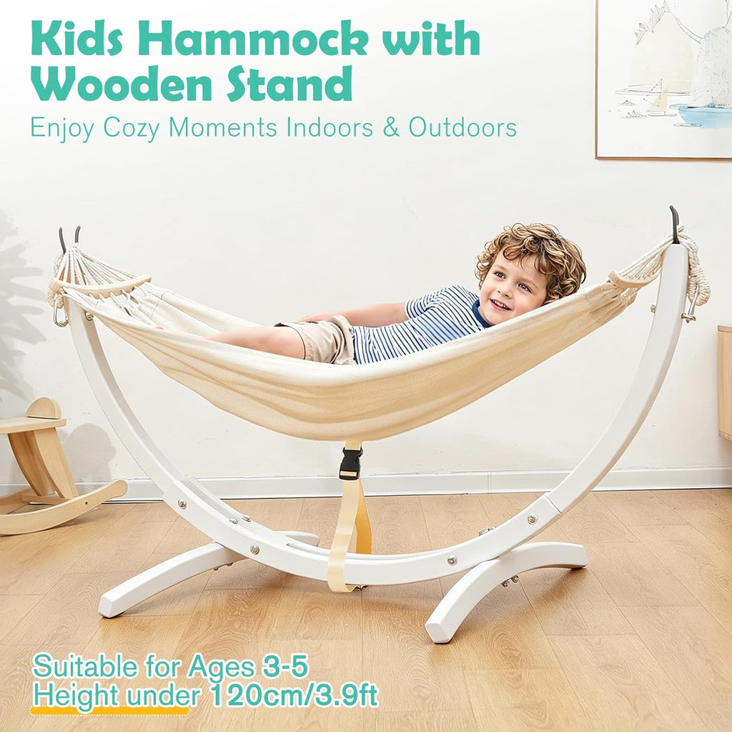 FUNLIO Wooden Hammock with Stand for Kids 3-5 Years (Height < 3.9ft/120cm), Premium Solid Wood Kids Hammock Chair Stand, Stable Structure, Wider & Longer Children Hammock, 220lbs Capacity - White