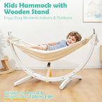 FUNLIO Wooden Hammock with Stand for Kids 3-5 Years (Height < 3.9ft/120cm), Premium Solid Wood Kids Hammock Chair Stand, Stable Structure, Wider & Longer Children Hammock, 220lbs Capacity - White