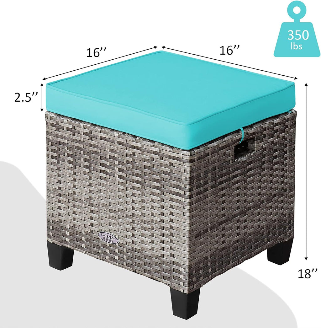 COSTWAY Set of 2 Wicker Ottomans, Outdoor 3-in-1 All Weather Rattan Foot Rest, Side Table, Additional Seating with Removable Seat Cushions and Steel Frame for Patio, Deck, Backyard, Porch (Turquoise)