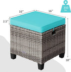 COSTWAY Set of 2 Wicker Ottomans, Outdoor 3-in-1 All Weather Rattan Foot Rest, Side Table, Additional Seating with Removable Seat Cushions and Steel Frame for Patio, Deck, Backyard, Porch (Turquoise)