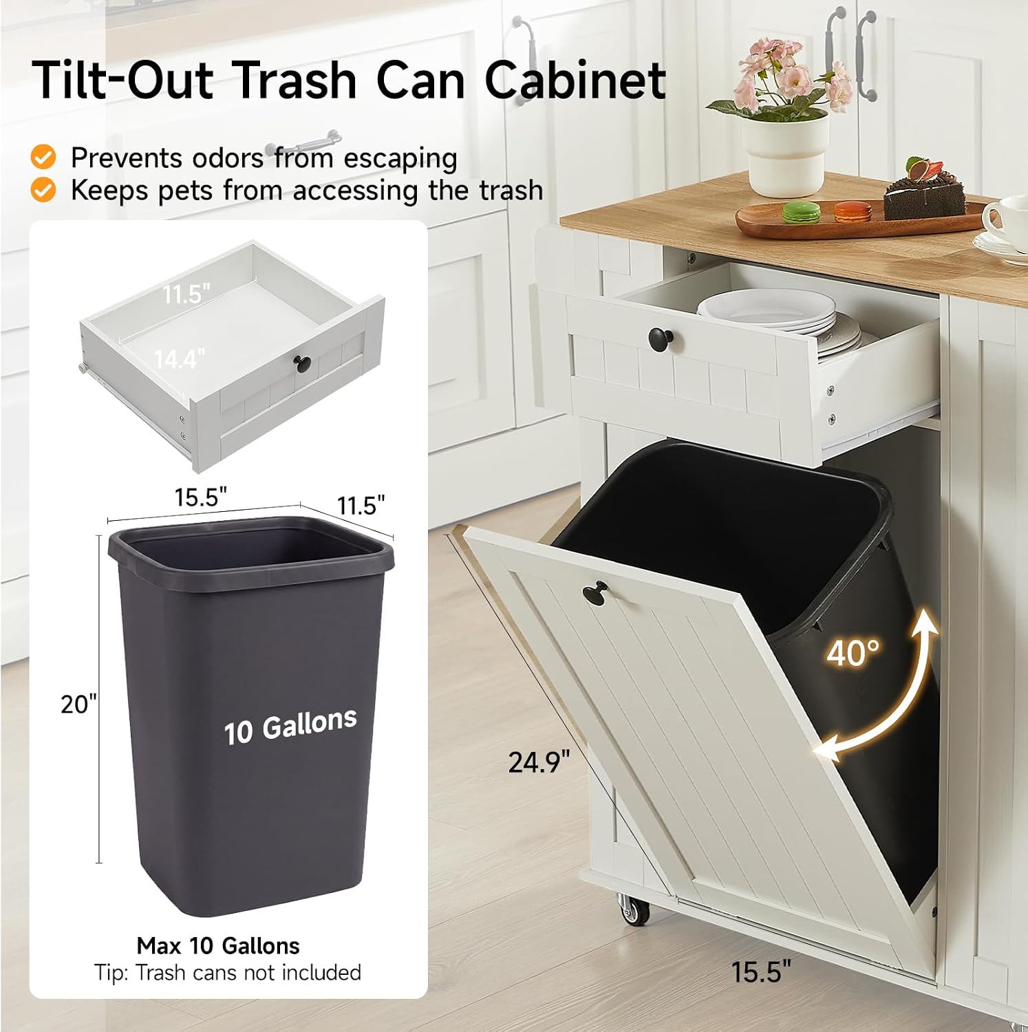 ONBRILL 35" Kitchen Island with Trash Can Cabinet & Power Outlet, Rolling Kitchen Cart with Storage Drawer, 6-Tier Spice Rack, Portable Sideboard Table for Dining Room, Living Room, White