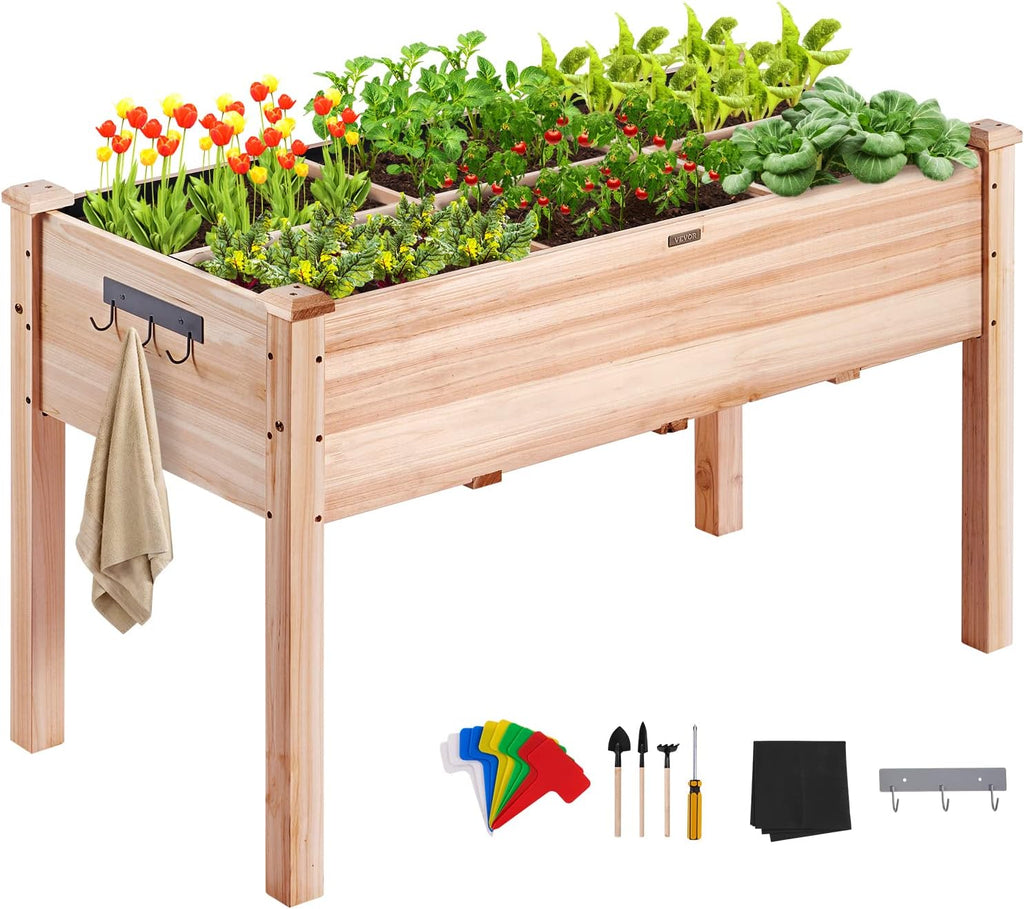 VEVOR Raised Garden Bed 48x24x30in with Sturdy Legs, High End Natural Fir Wood Planter Box Elevated Planting Stand for Backyard/Garden/Patio/Balcony w/Non -Woven Liner & 1 Set of Tool, 220lb Capacity