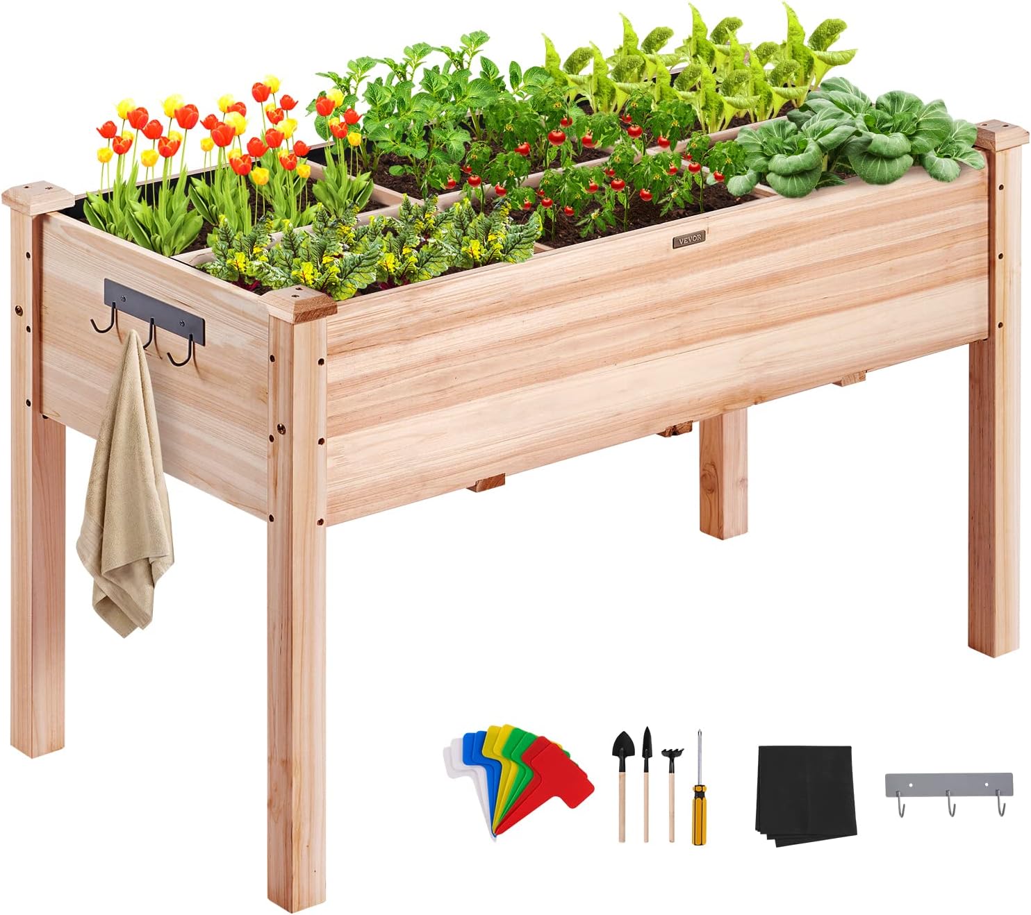 VEVOR Raised Garden Bed 48x24x30in with Sturdy Legs, High End Natural Fir Wood Planter Box Elevated Planting Stand for Backyard/Garden/Patio/Balcony w/Non -Woven Liner & 1 Set of Tool, 220lb Capacity