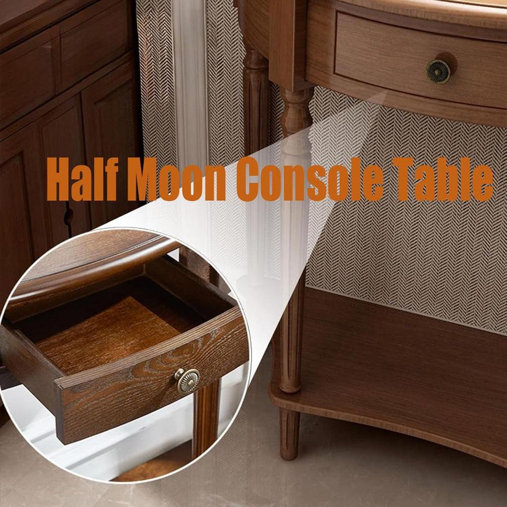 Half Moon Table, Table Solid Wood with Drawer Half-Moon Porch Side Elegant Vintage, Semi-Circle Entryway Storage Shelf, for Hallway Entrance Decor(Walnut-Colored, 23.6" L x 11.8" W x 31.5" H)