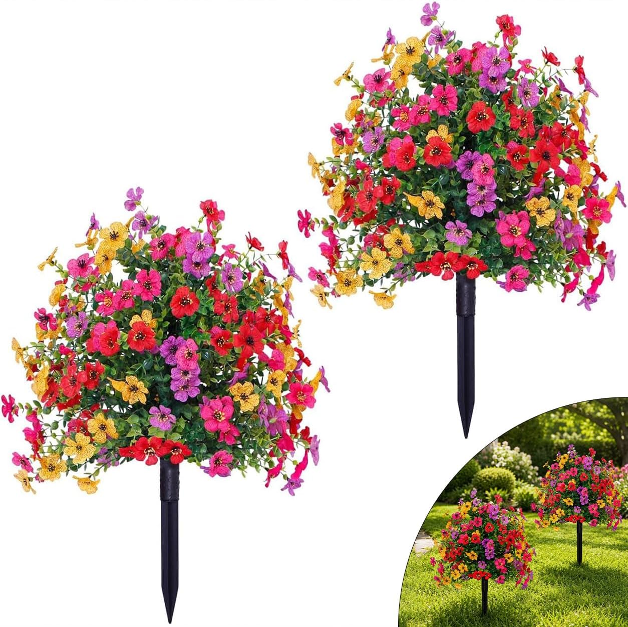 Artificial Flowers for Outdoors, UV Resistant Faux Topiary Ball Plants with Ground Stakes, 22 Inch Realistic Fake Greenery Bushes, Waterproof Fade Proof for Garden Porch Patio Yard Decor, 2 Pack