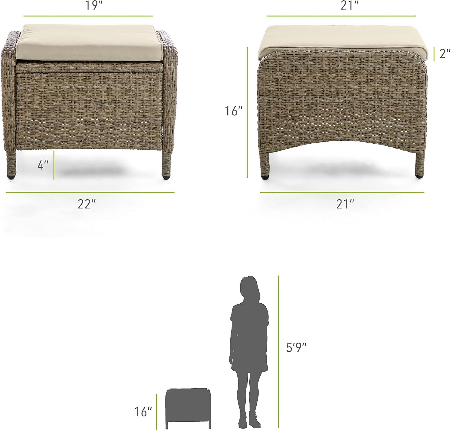 Greemotion Garda 2-Piece Outdoor Patio Aluminum Polyrattan Wicker Outdoor Ottoman All Weather Rattan Patio Furniture Outdoor Footstool Footrest Seat Set w/Removable Cushions in Beige