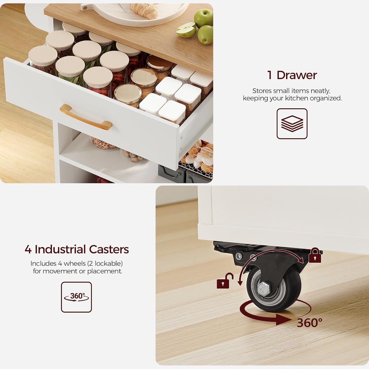 MAHANCRIS Kitchen Island, Mobile Kitchen Island Table with Drawer and Open Shelves, Kitchen Storage Island on Wheels, Rolling Kitchen Cart with 6 S-Shaped Hooks, for Kitchen White and Natural KIBN9901