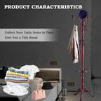 Coat Racks FreeStanding with 14 Hooks, Natural Wood Coat Rack with Solid Round Base, Adjustable Height Coat Racks, Easy Assembly for Hallway, Bedroom and Office (Reddish brown-Tray)