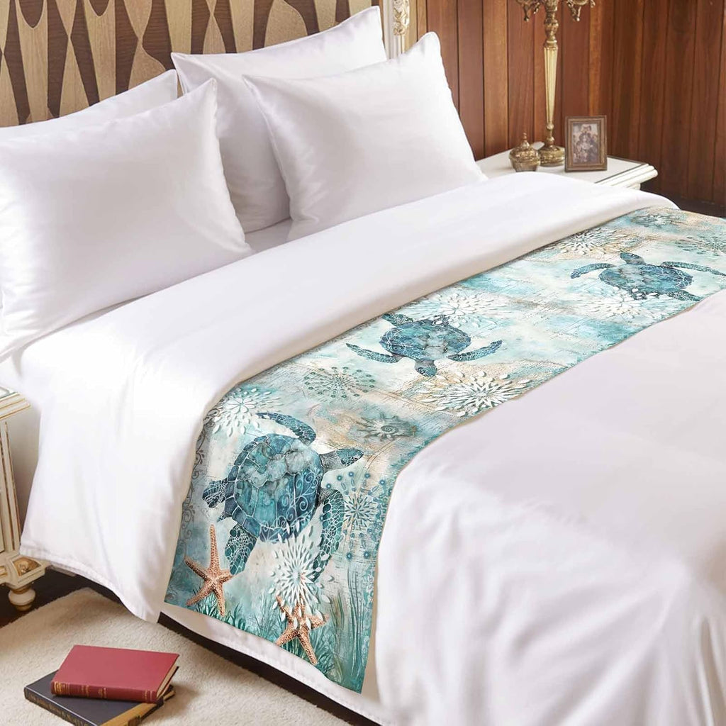 Bed Runner for King Size Bed, Coastal Sea Turtle Decorative Bed Runners Scarves for Bedroom, Teal Nautical Beach Starfish Vintage Washable Bedding Scarf Cover Bed Runner for Foot of Bed