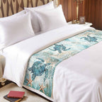 Bed Runner for King Size Bed, Coastal Sea Turtle Decorative Bed Runners Scarves for Bedroom, Teal Nautical Beach Starfish Vintage Washable Bedding Scarf Cover Bed Runner for Foot of Bed