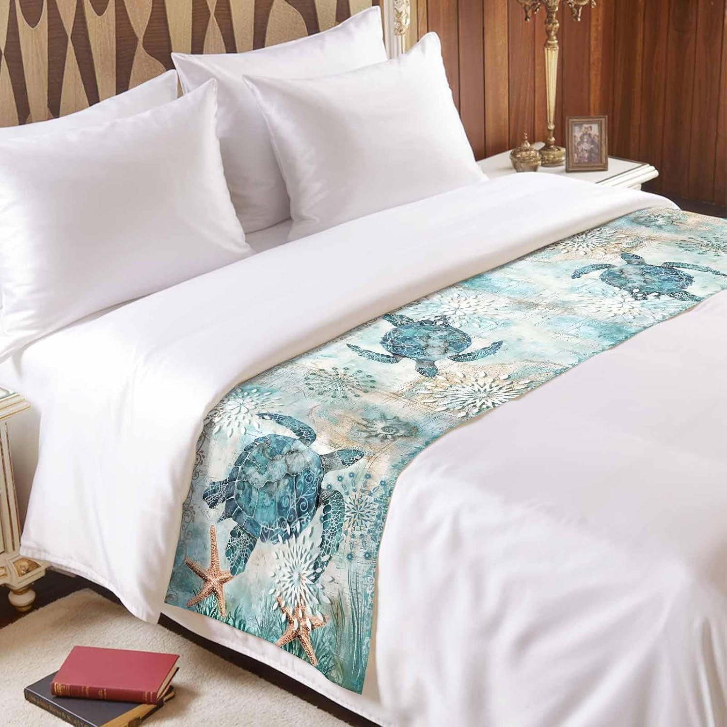 Bed Runner for King Size Bed, Coastal Sea Turtle Decorative Bed Runners Scarves for Bedroom, Teal Nautical Beach Starfish Vintage Washable Bedding Scarf Cover Bed Runner for Foot of Bed