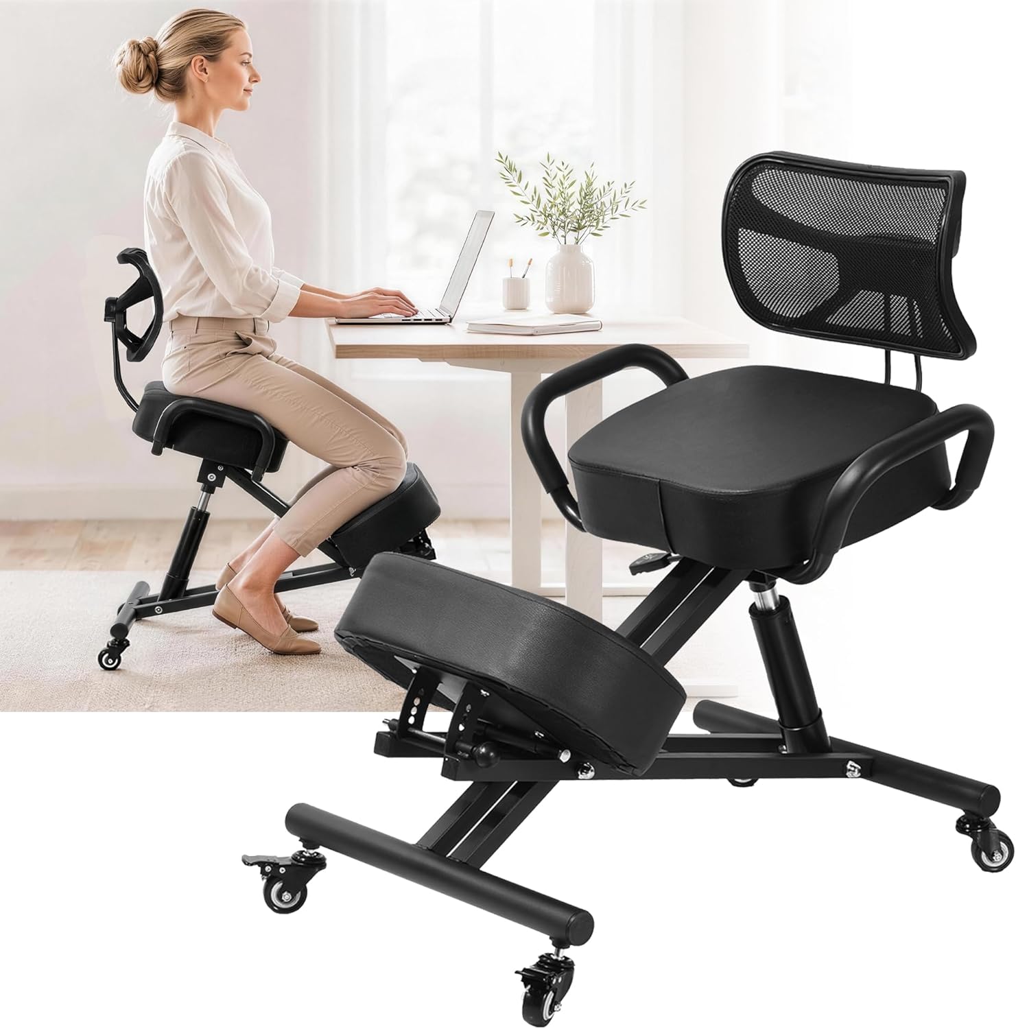 Ergonomic Kneeling Chair with Back Support, Height Adjustable Office Stool, Thick Memory Foam Cushions, Brake Casters Desk Chair for Home Office, Posture Correcting Kneeling Stool for Back Pain Relief