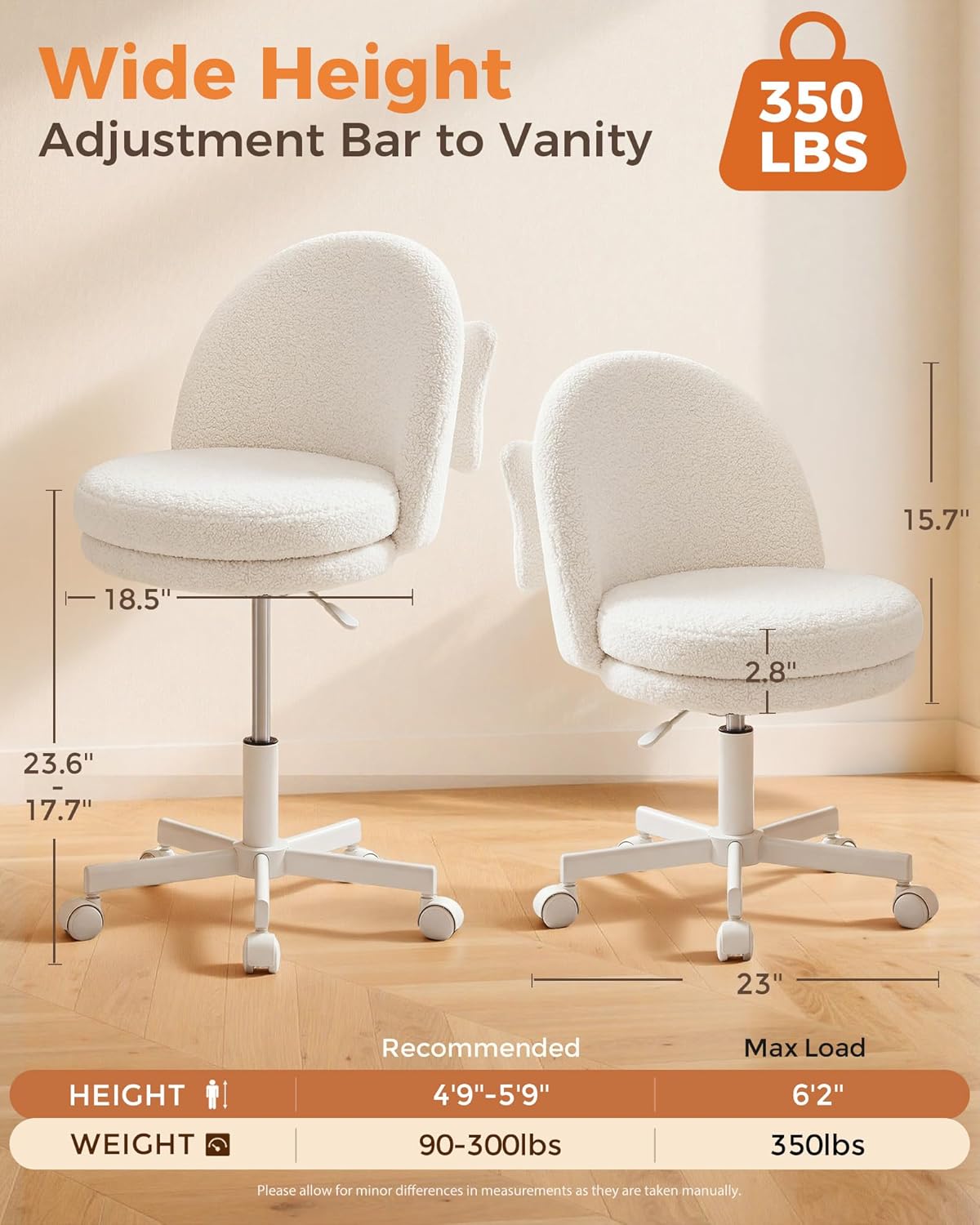 GTPLAYER Velvet Tall Office Chair with Wheels Vanity Chairs with Back, Versatile Height Use: Office to Bar Stools Small Ergonomic Comfy Armlees Computer Desk Chair with Bow Lumbar Pillow for Gift