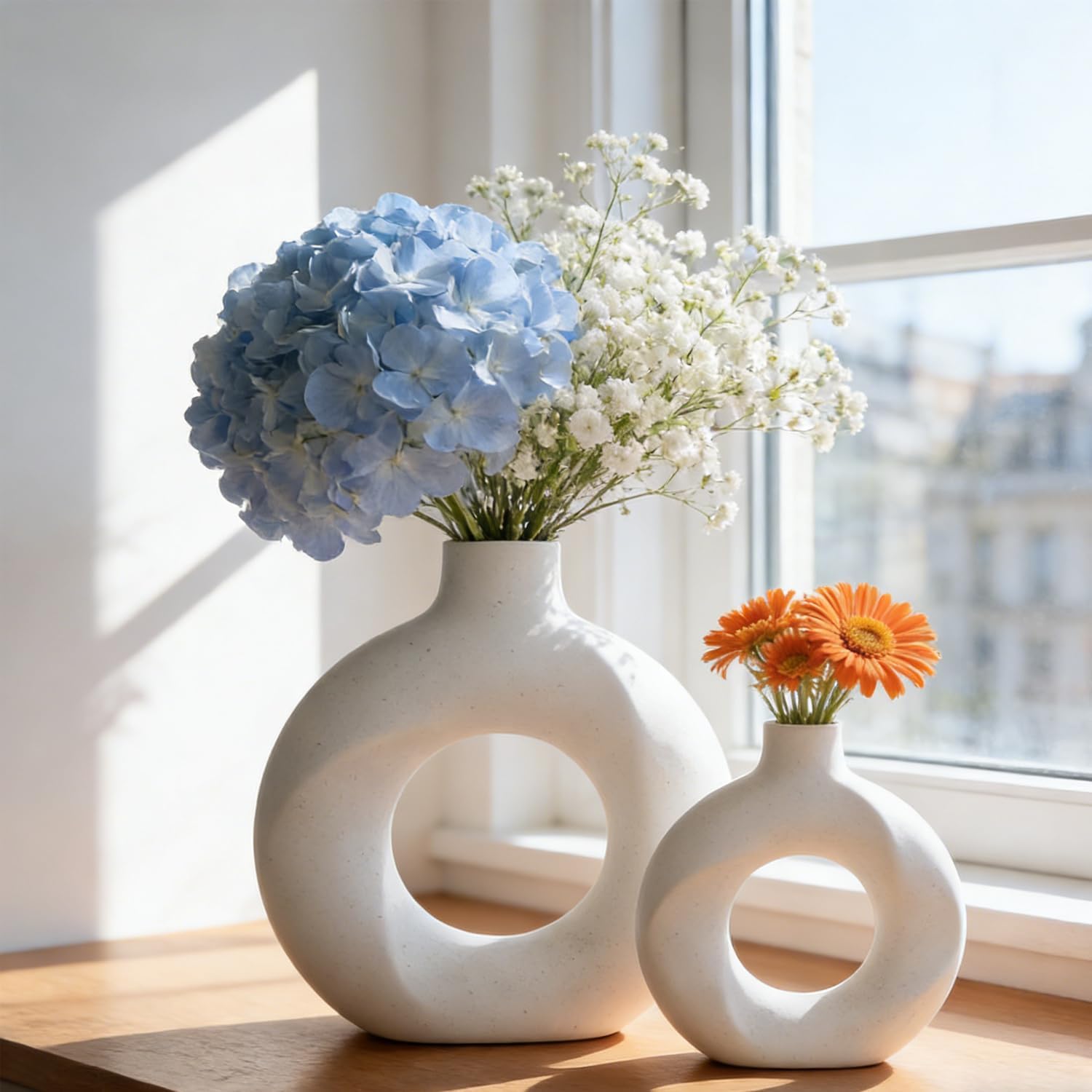 Donut Ceramic Vase Set of 2,Nordic Modern,Hollow,Decorative Ceramic Aesthetic Flower Vase for Home Decor Table Centerpiece Wedding Dining Living Room Office Bookshelf (White)