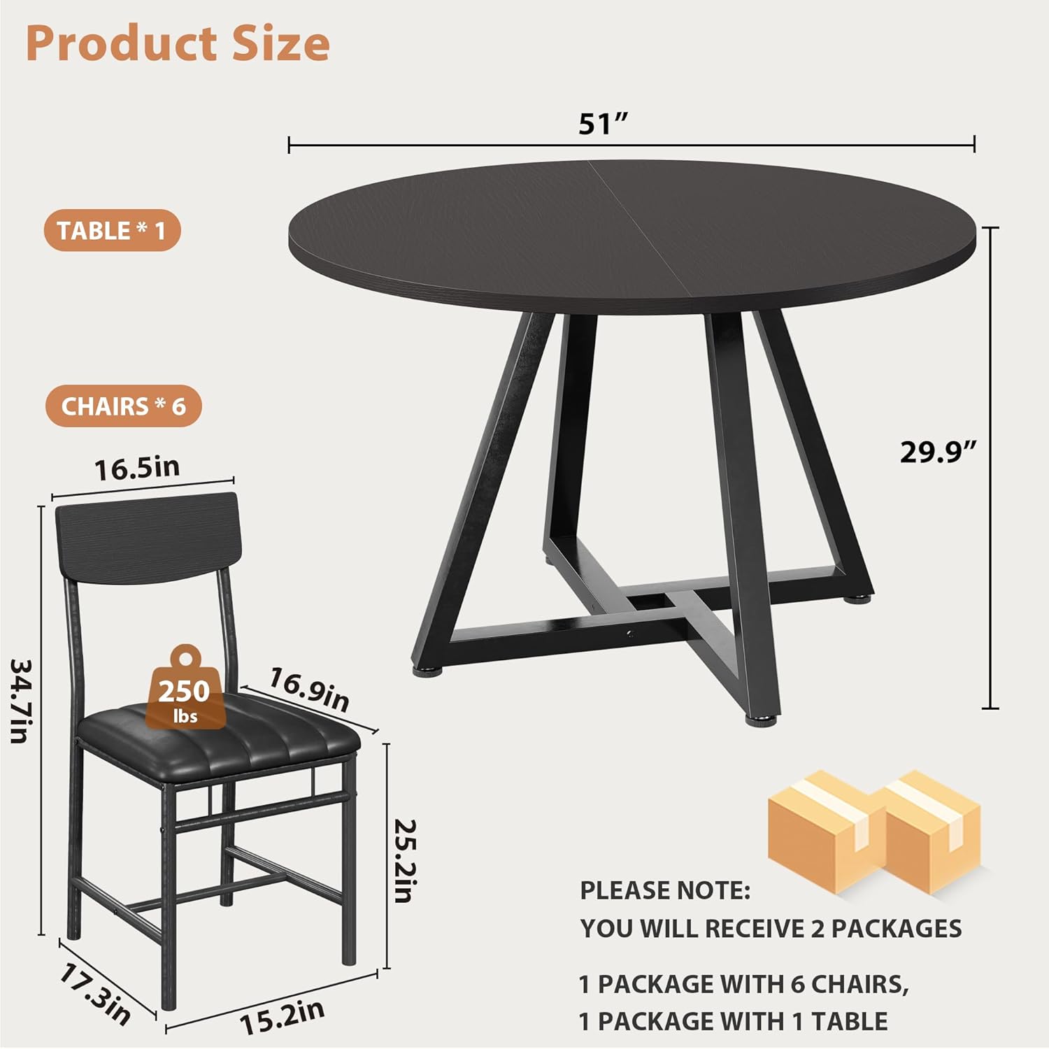 Round Dining Table Set for 6, Kitchen Table and Chairs for 6, Circle Table Round Pedestal Dining Room Dinner Dinette Table Set,7 Piece Space Saving Wood Kitchen & Dining Room Tables (Black, 51In)