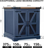 Farmhouse End Table, 24" Large End Tables with Storage, Rustic Square Sofa Beside Table with Glass Barn Door, Wood Side Table Square Nightstand for Living Room, Bedroom, Office (Misty Blue)