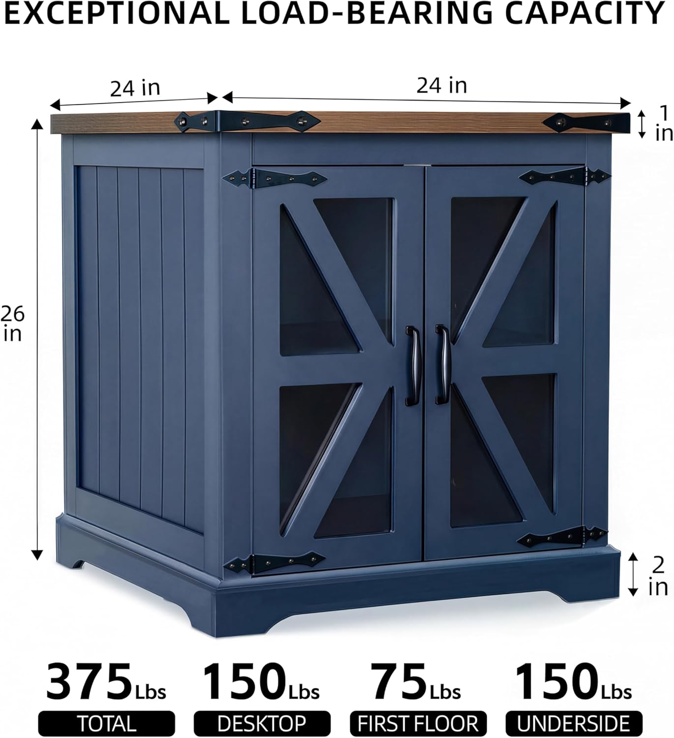 Farmhouse End Table, 24" Large End Tables with Storage, Rustic Square Sofa Beside Table with Glass Barn Door, Wood Side Table Square Nightstand for Living Room, Bedroom, Office (Misty Blue)