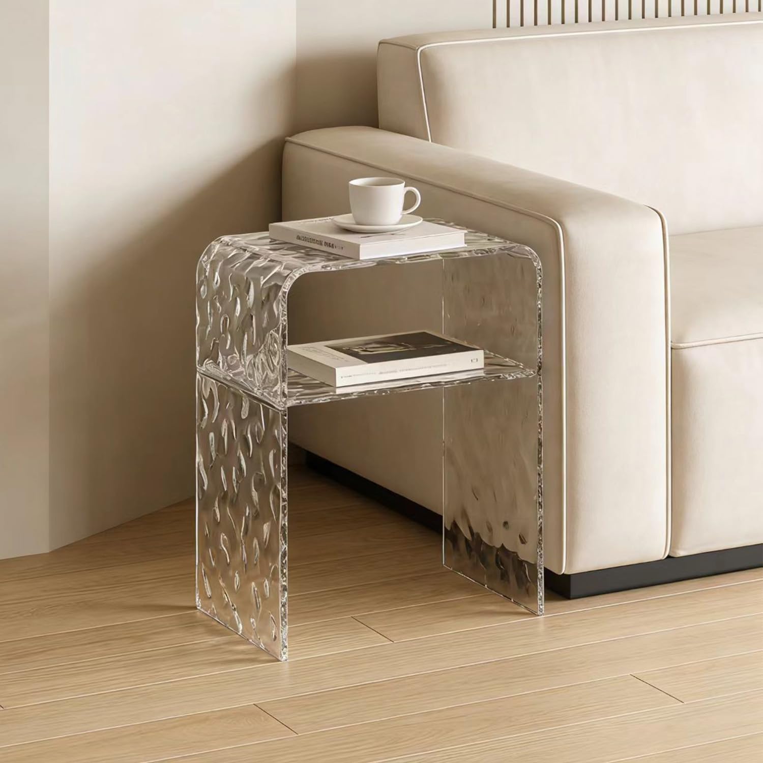 Acrylic 2-Tier End Table – 23.6”H Modern Nightstand with Shelf, Sturdy Bedside Storage for Bedroom, Living Room, Home Office, No Assembly Required (Water Ripple)