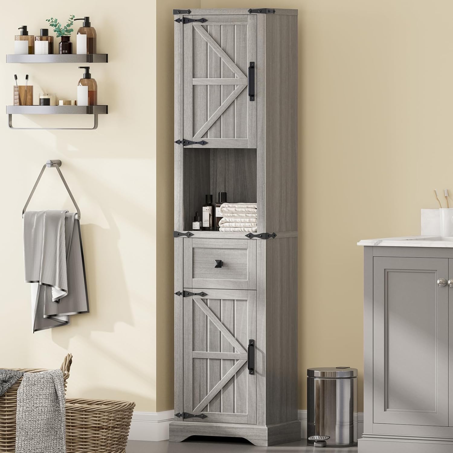 Vabches 66" Tall Farmhouse Bathroom Storage Cabinet with Barn Doors and Drawer, Narrow Storage Unit, Adjustable Shelves & 5-Tier Space, Freestanding Cabinet for Bathroom, Entryway, Kitchen, Wash Grey