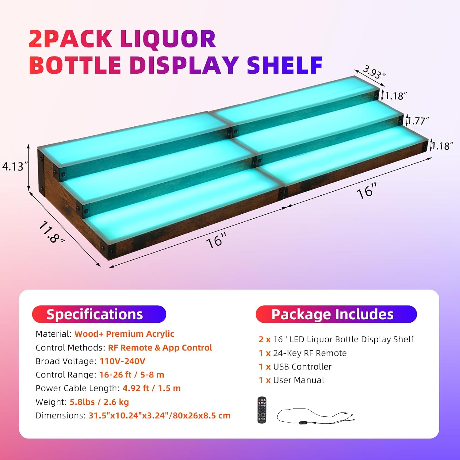 2-Pack 16‘’ LED Lighted Liquor Display, 3-Tier 32Inch Total Bar Shelves for Liquor Bottle, Illuminated Home Bar Shelf with RF & App Control, 7 Colors, Music Sync& 1-4H Timming, Light-Up Whiskey Rack