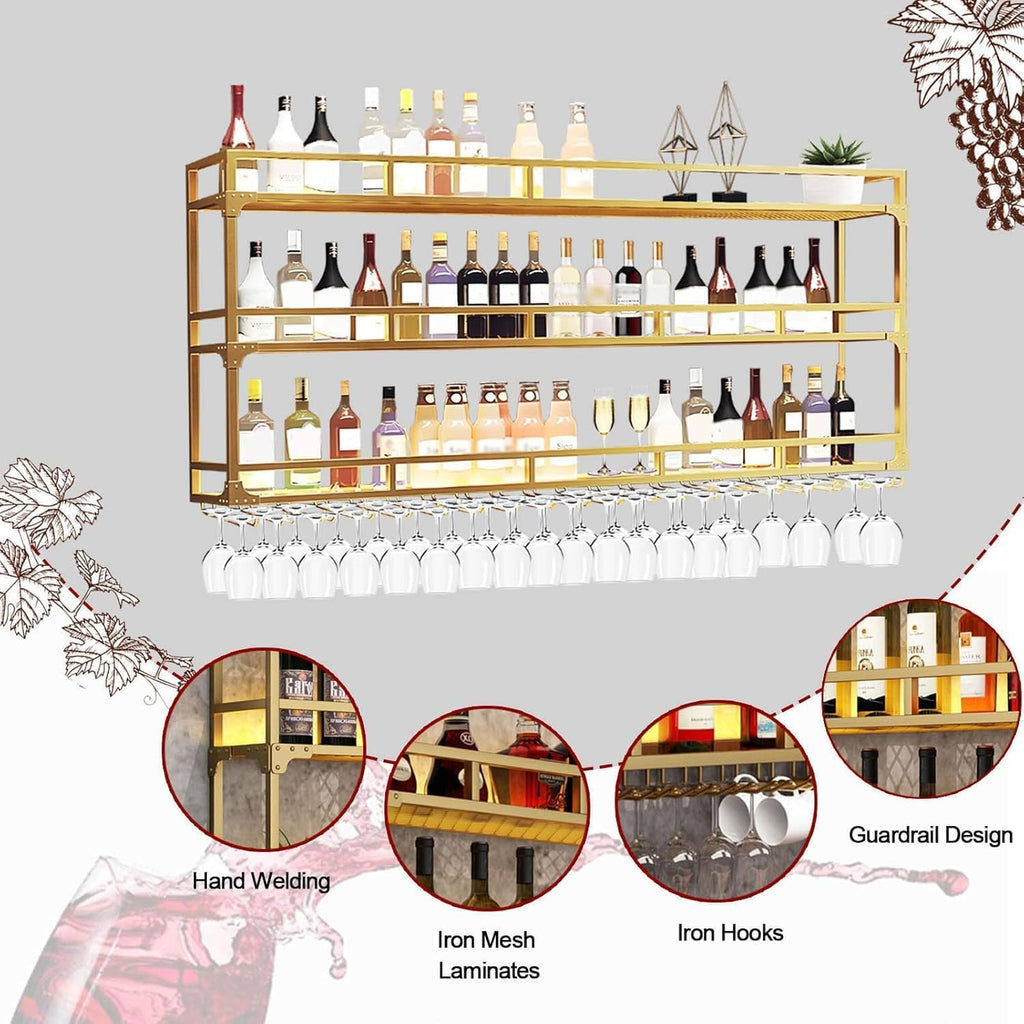 Wall Mounted Wine Rack, Floating Industrial Liquor Glass Holder 3 Tiers, Large Metal Wine Bottle Display Rack Hanging Shelf, for Home Bar Dining Room Decorative (Black, 70.86x35.43x9.84in)