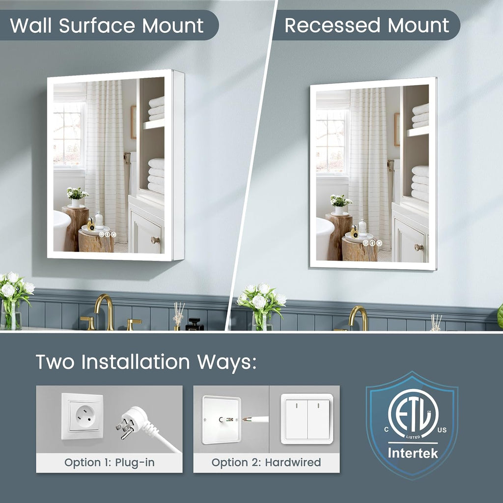 24x30 Inch Lighted Medicine Cabinet with Mirror, AL Alloy Frame, Plug-in or Hardwired, Recessed or Surface Mount, 3 Colors/Dimmable/Interior Sensor Light/Defog, 2 Outlets & USBs, 2 Shelves
