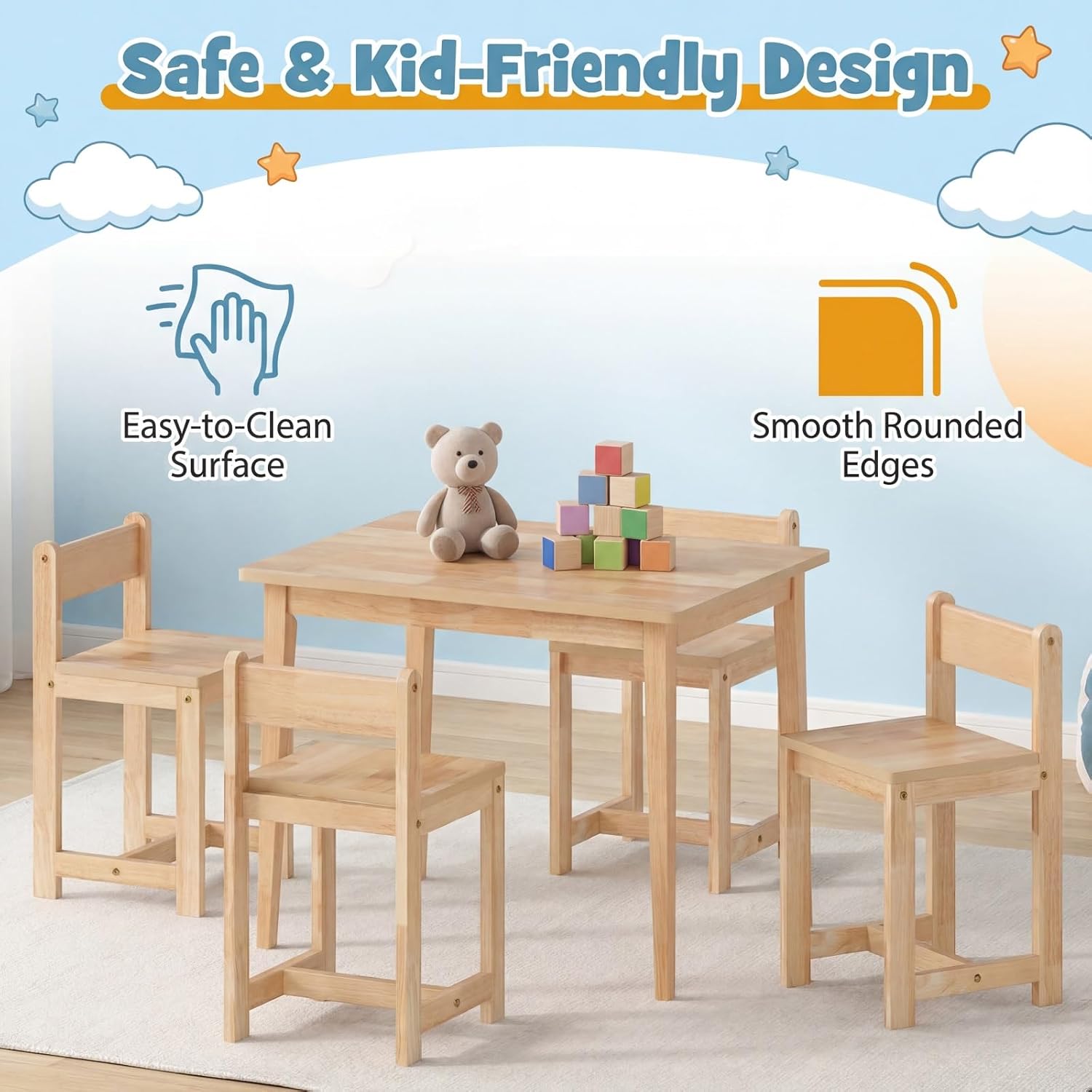HONEY JOY Kids Table and Chairs, Wooden Activity Table with 4 Chairs Set for Crafts, Homework, Drawing & Snack Time, 5-Piece Playroom and Kindergarten Furniture Set for Children Ages 4+ (Natural)