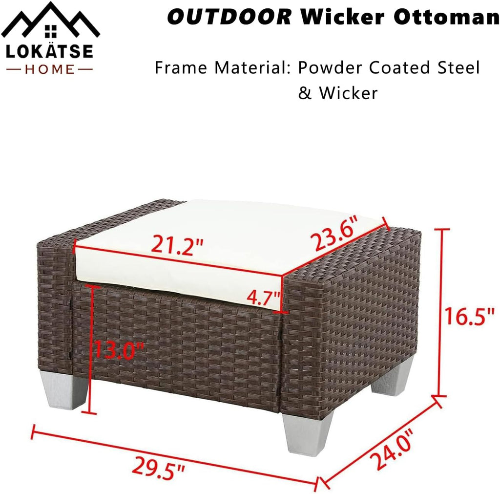 LOKATSE HOME Patio Wicker Ottoman Outdoor Footstool Rattan Small Seat Furniture with Soft Thick Cushion for Garden Yard Deck Poolside