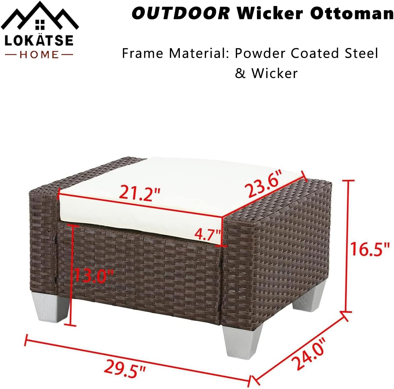 LOKATSE HOME Patio Wicker Ottoman Outdoor Footstool Rattan Small Seat Furniture with Soft Thick Cushion for Garden Yard Deck Poolside