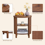 Small Round Side Set of 2, 16" Mid-Century Farmhouse End Table with Iron Rattan for Sofa Couch, Wood Storage Shelf + Metal Frame Nightstand for Bedroom, Living Room, Entryway (Walnut)