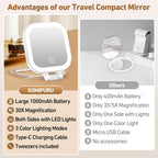 GOMIPURU Travel Mirror with Light, Compact Mirrors, 1x/30x Magnifying Mirror with 3 Color Lights and Adjustable Brightness, 4.5x3.9 inch Small Compact Hangable Hand Pocket Mirrors, Comes with Tweezer