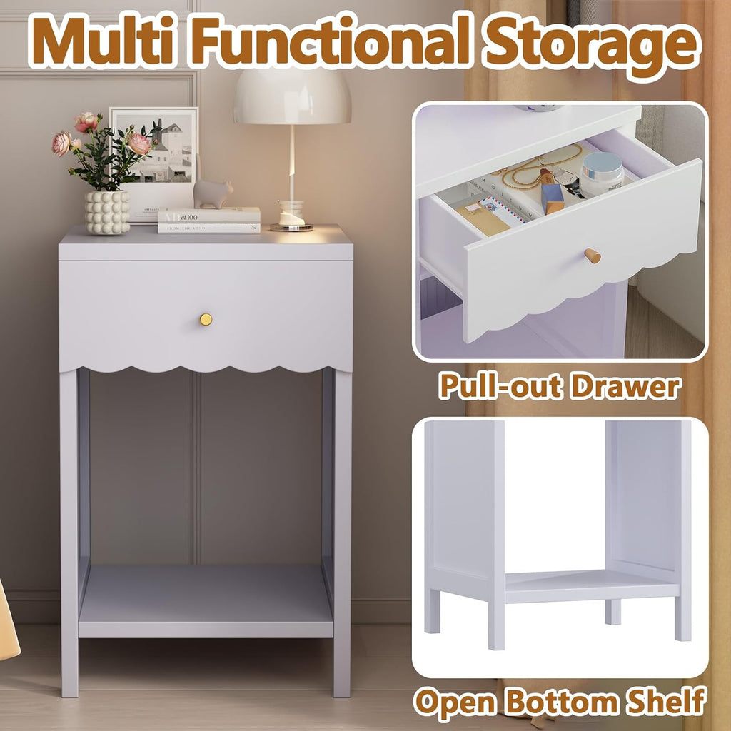 Night Stand Nightstand with Drawer and Open Storage Shelf (Light Purple) | Scalloped Edge Bedside Table for Girls, Kids, Small Side Table for Small Space Bedroom Living Room