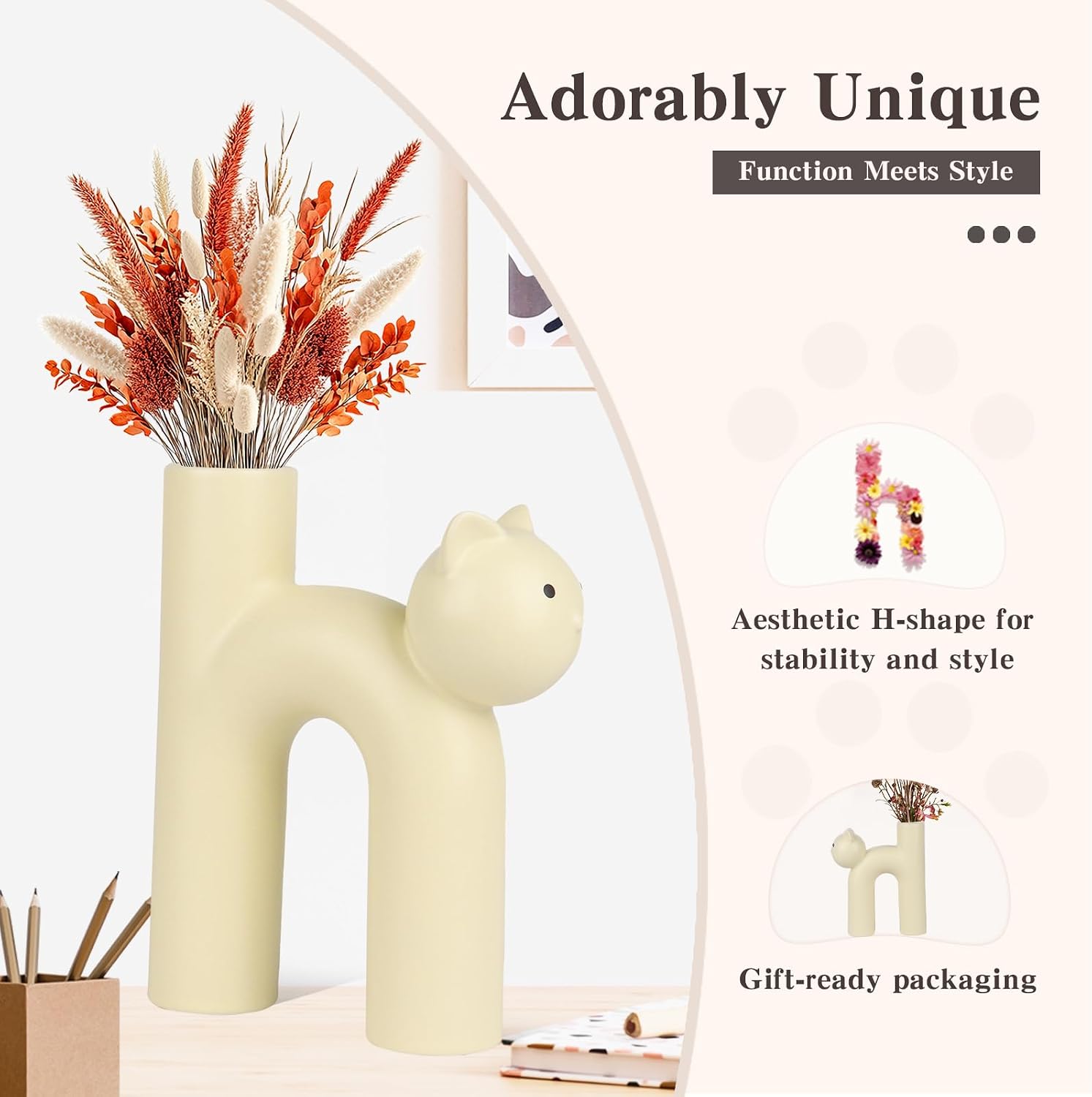 Cat Vase for Flowers, Ceramic Cat Desk Decor for Home & Office, Minimalist Flower Vase for Dried Plants, Cat Lover Gifts for Women, Cat Mom Gifts, Gifts for Cat Lovers, Cute Home Decor Small Vase