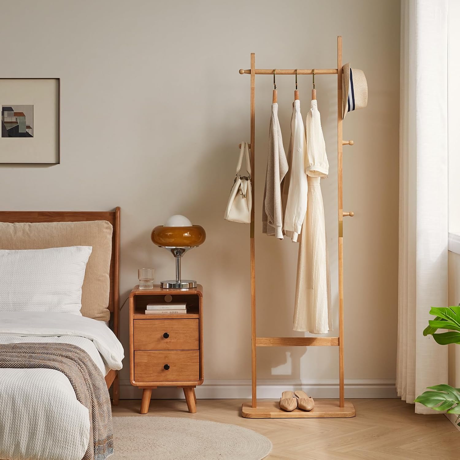 Aibiju Coat Rack Freestanding, Coat Tree with 2 Main Rods and Stable Design, Clothes Racks for Hanging Coats Clothes Suits Jacket, Easy to Assemble and Very Sturdy, Natural Wood Color USYD-202