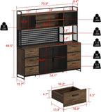 ECACAD 70.9" L Sideboard Buffet Storage Cabinet with Hutch, Pegboard, 4 Metal Mesh Doors, 6 Drawers & Shelves, Kitchen Pantry Cupboard for Living Room, Dining Room, Black & Rustic Brown
