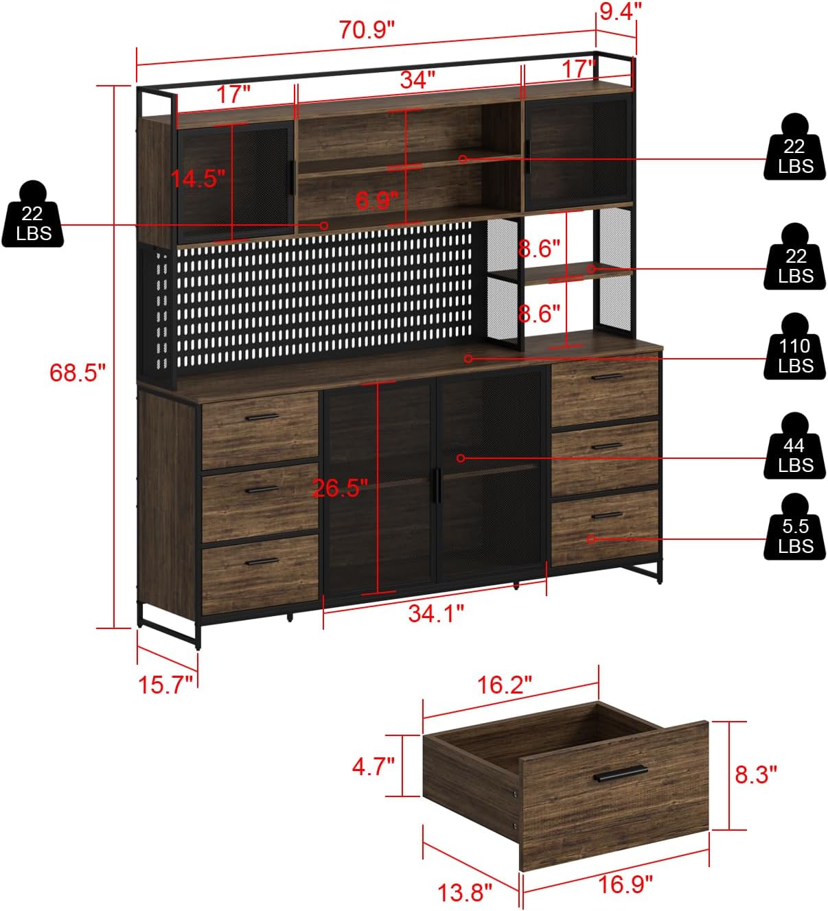 ECACAD 70.9" L Sideboard Buffet Storage Cabinet with Hutch, Pegboard, 4 Metal Mesh Doors, 6 Drawers & Shelves, Kitchen Pantry Cupboard for Living Room, Dining Room, Black & Rustic Brown