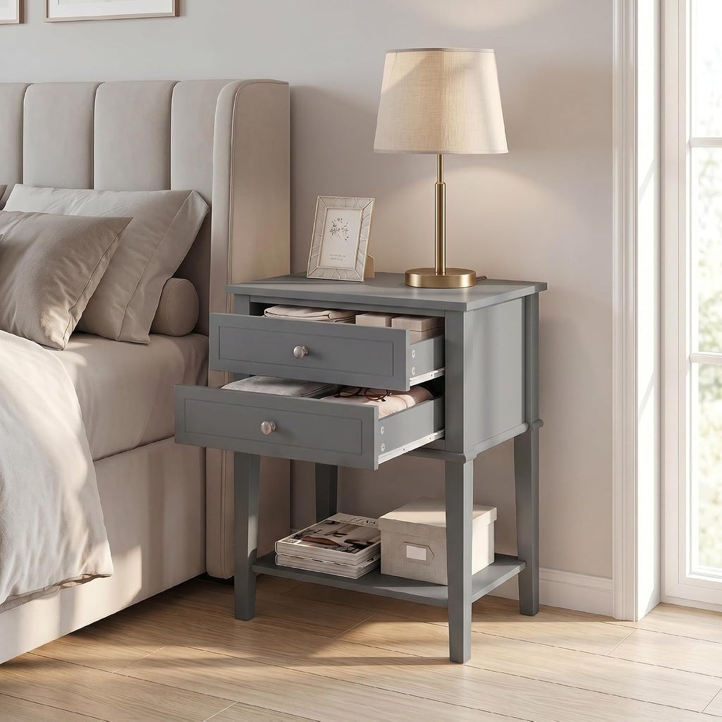 SEJOV EJOV 28" Tall Nightstand Set 2 with 2 Drawers and Open Shelf, Gray | Modern Bedside Table, Larger Wooden End Table Farmhouse Style Night Stand with 26inch Wide Desktop & Spray-painted Surface