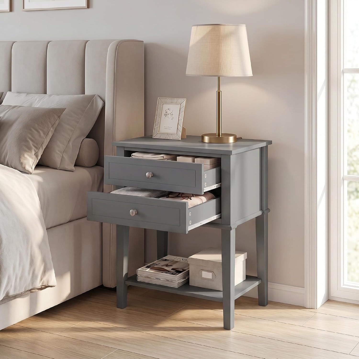 SEJOV EJOV 28" Tall Nightstand Set 2 with 2 Drawers and Open Shelf, Gray | Modern Bedside Table, Larger Wooden End Table Farmhouse Style Night Stand with 26inch Wide Desktop & Spray-painted Surface
