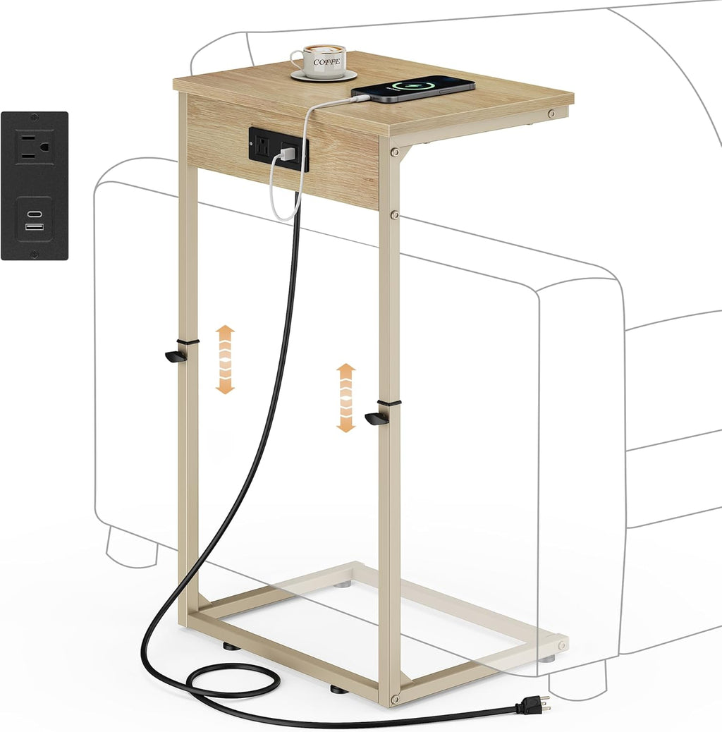 Vagusicc C Shaped End Table with Charging Station, Adjustable Height Side Table for Couch, Small Side Table, 33.2'' Tall Couch Tables that Slide Under, Tv Tray End Table for Living Room, Natural
