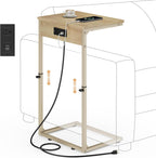 Vagusicc C Shaped End Table with Charging Station, Adjustable Height Side Table for Couch, Small Side Table, 33.2'' Tall Couch Tables that Slide Under, Tv Tray End Table for Living Room, Natural