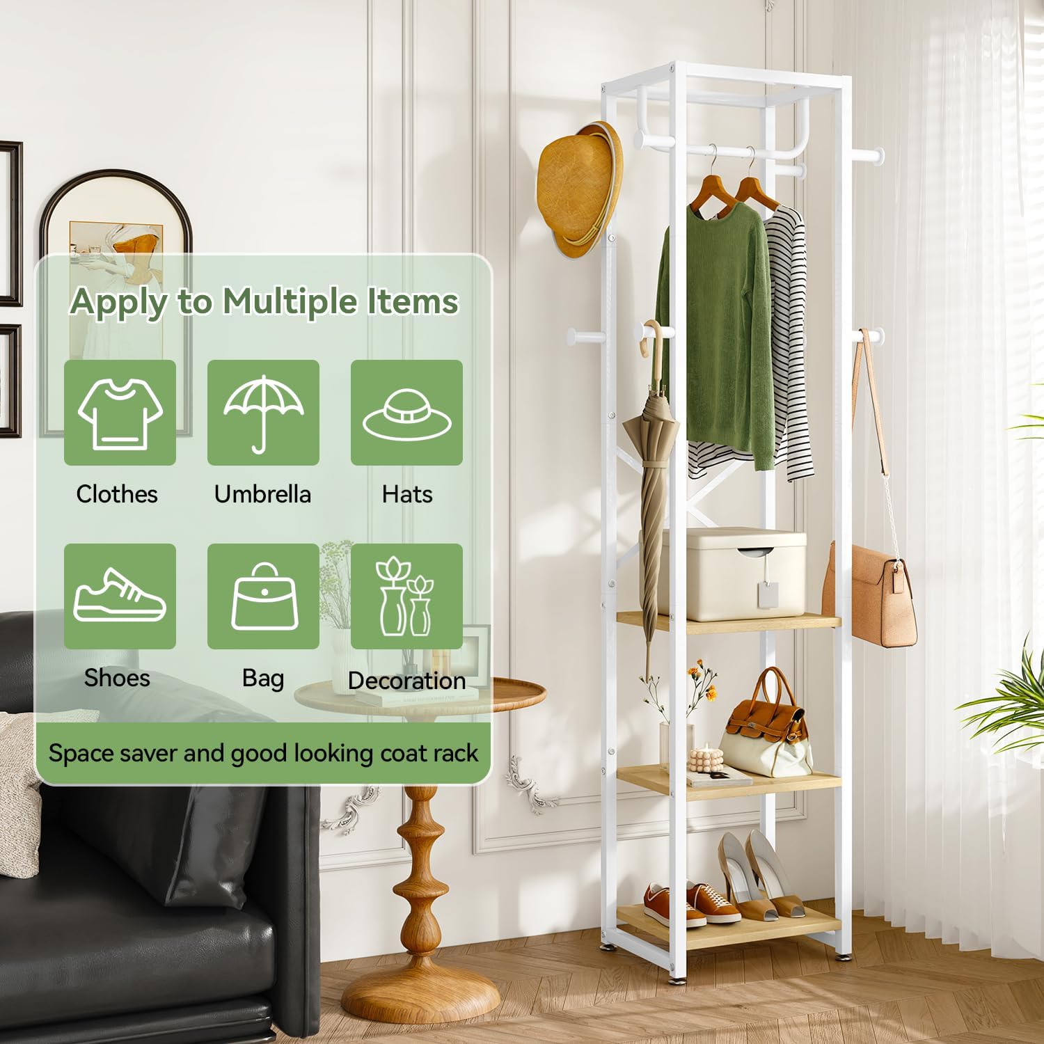 IBUYKE Coat Rack with Shelves, Freestanding Hall Tree with 3 Shelves and 8 Hooks, Industrial Clothes Stand for Entryway, Hallway, Bedroom, Natural UTMJ088R