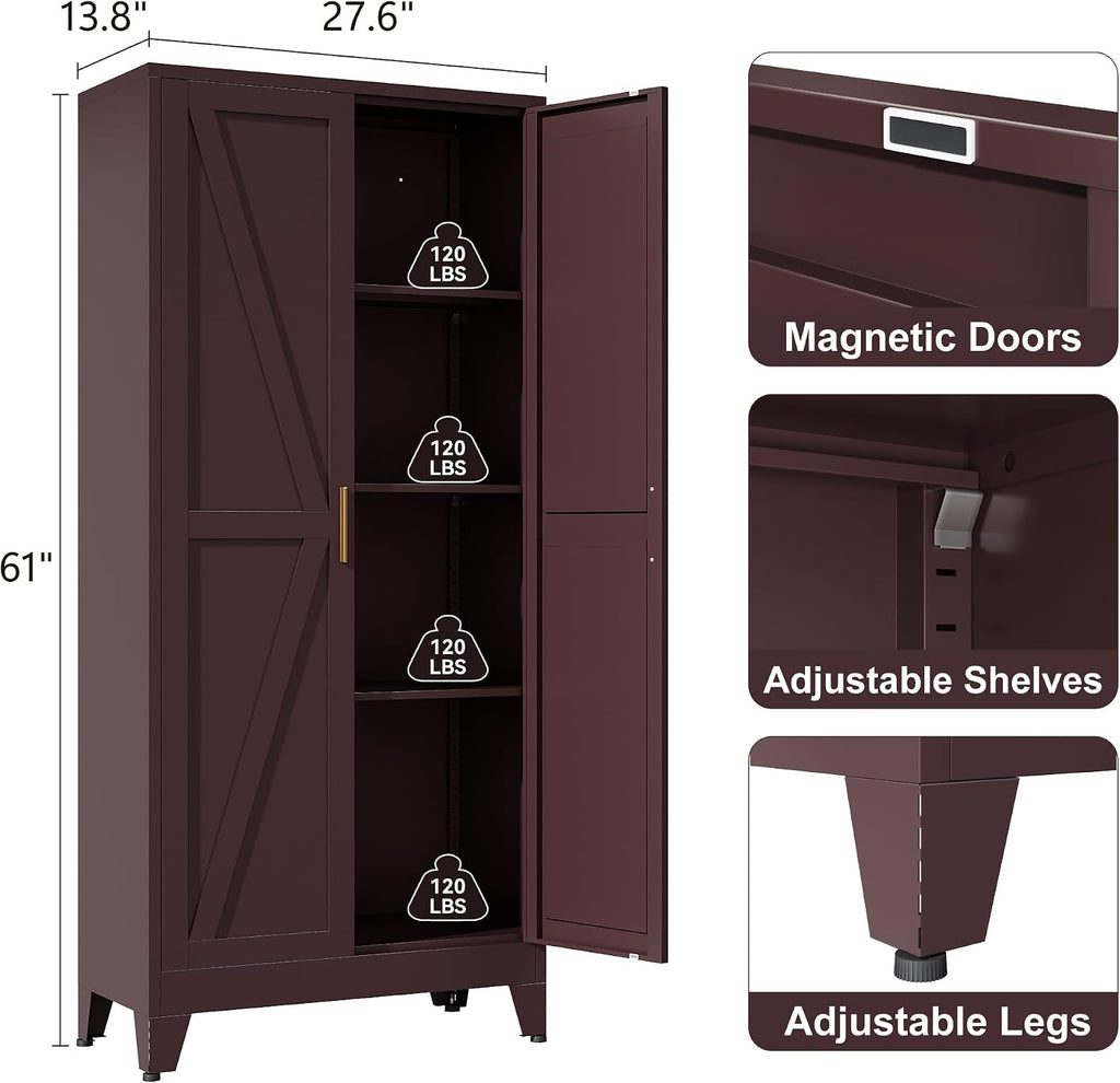 Washsemba 61" Tall Farmhouse Metal Pantry Cabinet, Kitchen Pantry Storage Cabinets with 2 Barn Door and Adjustable Shelves,for Kitchen,Laundry Room,Home Office,Kids Room （Burgundy）
