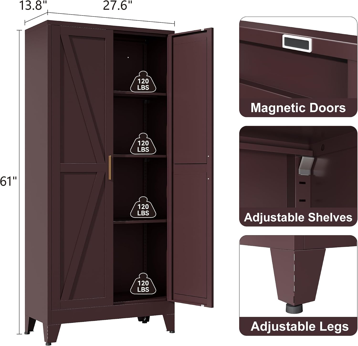 Washsemba 61" Tall Farmhouse Metal Pantry Cabinet, Kitchen Pantry Storage Cabinets with 2 Barn Door and Adjustable Shelves,for Kitchen,Laundry Room,Home Office,Kids Room （Burgundy）
