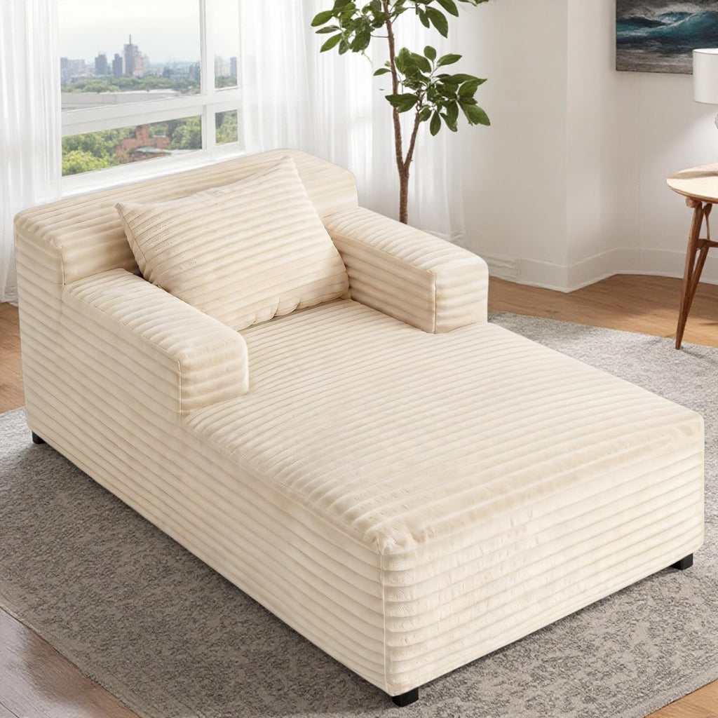 45" Mini Boneless Chaise Lounge Chair, Corduroy Upholstered Sofa Bed, Deep Seat Sleeper Couch, Small Comfy Cloud Couch for Living Room, Bedroom, Movie Room, Beige