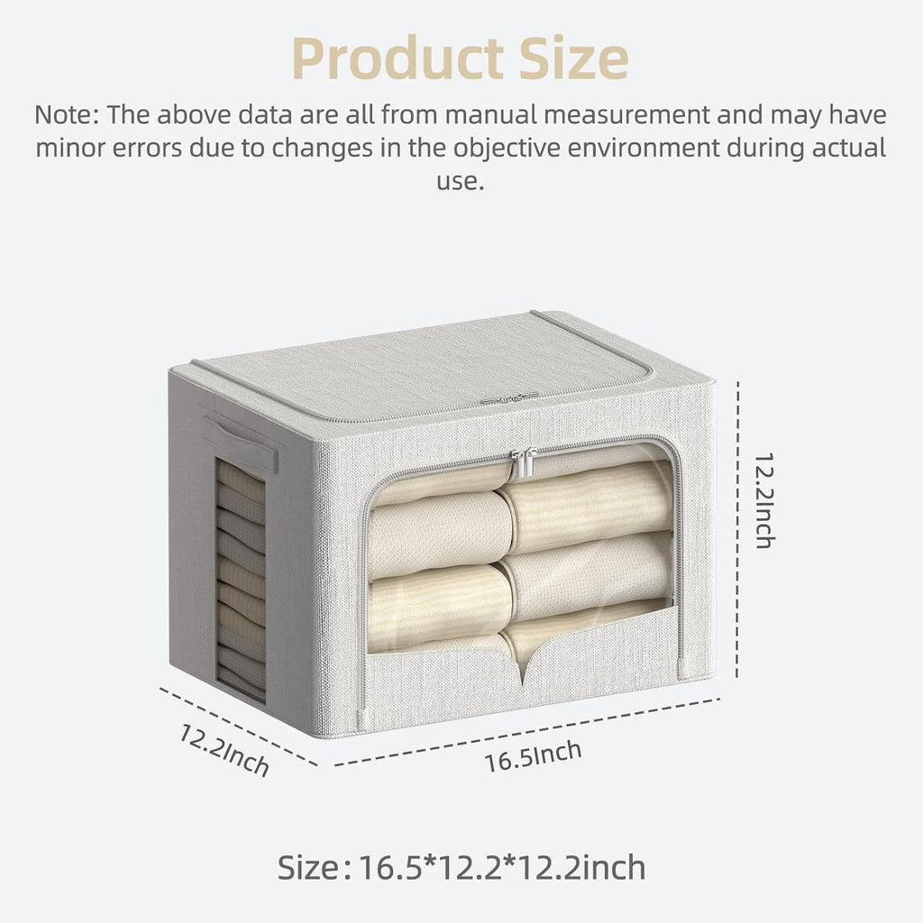 FHSQX 3 Pack Clothes Storage Bins - Foldable Metal Frame Storage Box - Stackable Linen Fabric Container Organizer Set with Carrying Handles and Clear Window (Cream White, 16.5x12.2x12.2inch(40L))