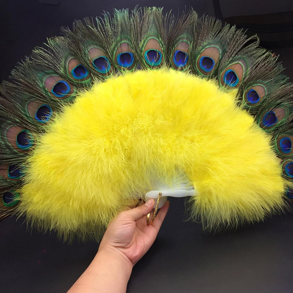 Peacock Feather Fan, Fluffy Feather Folding Hand Fan for 1920s Flapper Costume, Roaring 20s Party, Wedding Decor, Tea Party, Stage Dance (Yellow)