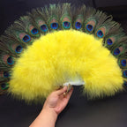 Peacock Feather Fan, Fluffy Feather Folding Hand Fan for 1920s Flapper Costume, Roaring 20s Party, Wedding Decor, Tea Party, Stage Dance (Yellow)