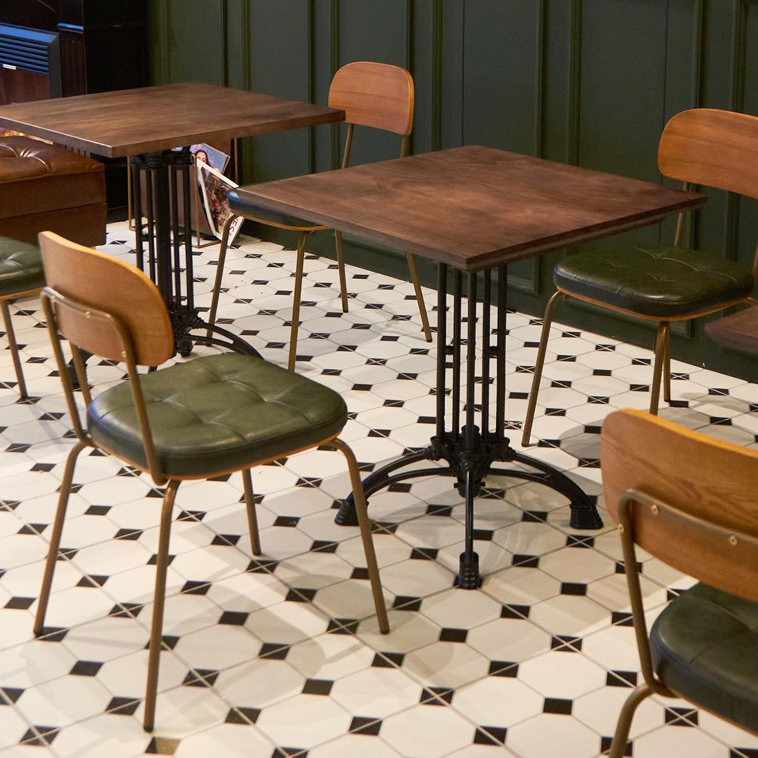 Mid Century Modern Dining Chairs Set of 6, Retro Chair with Faux Leather Upholstered Seat & Solid Wood Backrests & Vintage Distressing Metal Legs & Leg Protectors for Kitchen Dining Room (Dark Green)