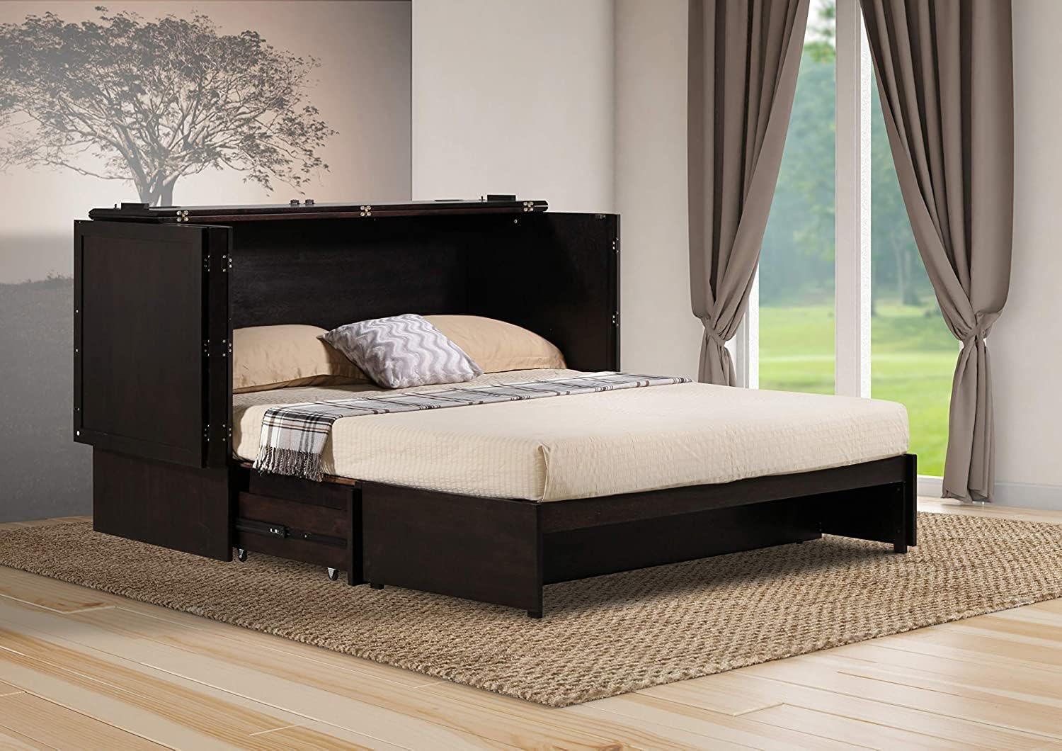 Daily Delight Murphy Cabinet Chest Bed with Charging Station & 6" Memory Foam Mattress, Queen (Java)