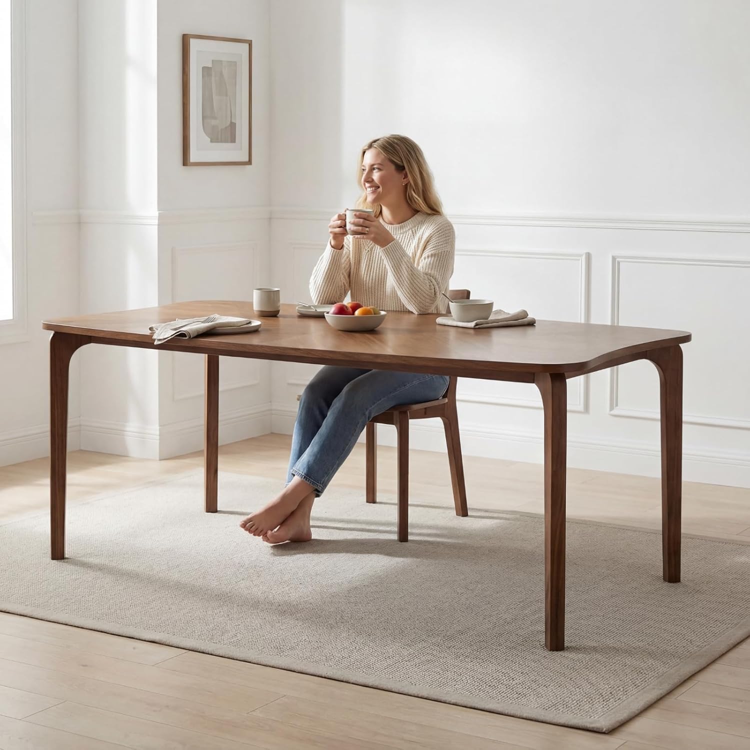 DUOMAY Mid-Century Modern Walnut Color Dining Table, 63" Rectangular Kitchen Table with Solid Wood Legs, Curved Edges, 6-Person Table for Dining Room Living Room Kitchen